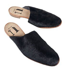 U. Dot Japanese Black Calf Hair Fur Slip-On Flat Mules Shoes Womens 9‎